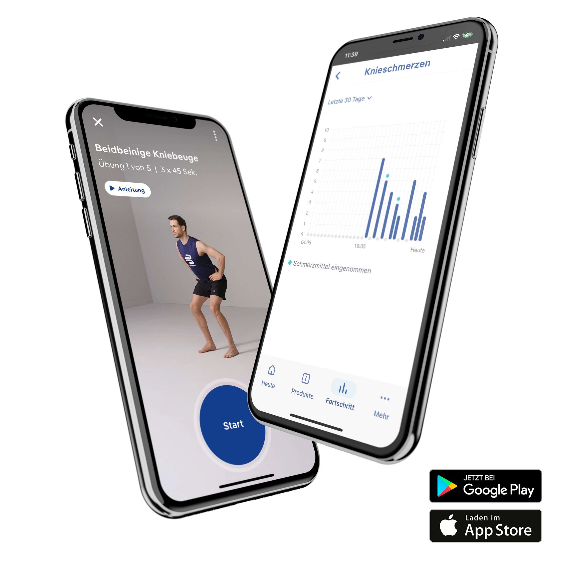 Abgebildet sind zwei Smartphones auf denen die Bauerfeind Therapie-App geöffnet ist. Die Bauerfeind Therapie-App ist eine kostenlose App die Übungen gegen Schmerzen bereitstellt.