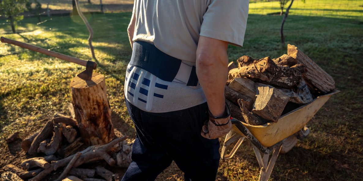 Ein Mann mit Rückenbandage von hinten, beim Bewegen einer gelben Schubkarre voller Holzstücke im Garten. Im Hintergrund steht ein Baumstumpf mit einer Axt, umgeben von Holzscheiten.