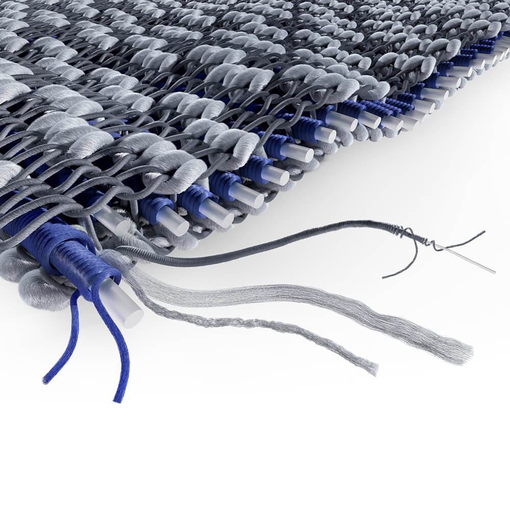 3D-Grafik einer gestrickten Textilstruktur in verschiedenen Grautönen und Blau.